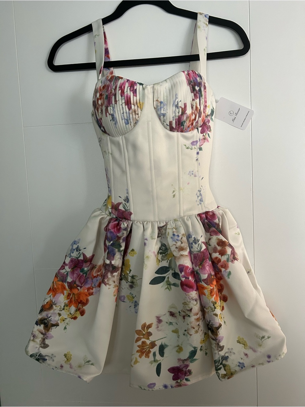 White Floral Bustier Mini Dress with Multicolor Print